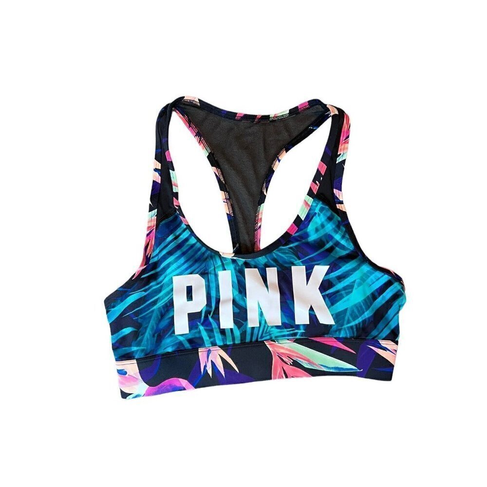 Victoria’s Secret PINK Sports Bra Active Top Logo Palm Print Racer Back